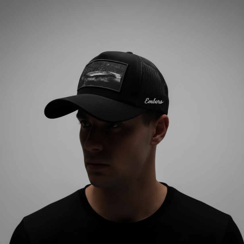 All-black cap side view